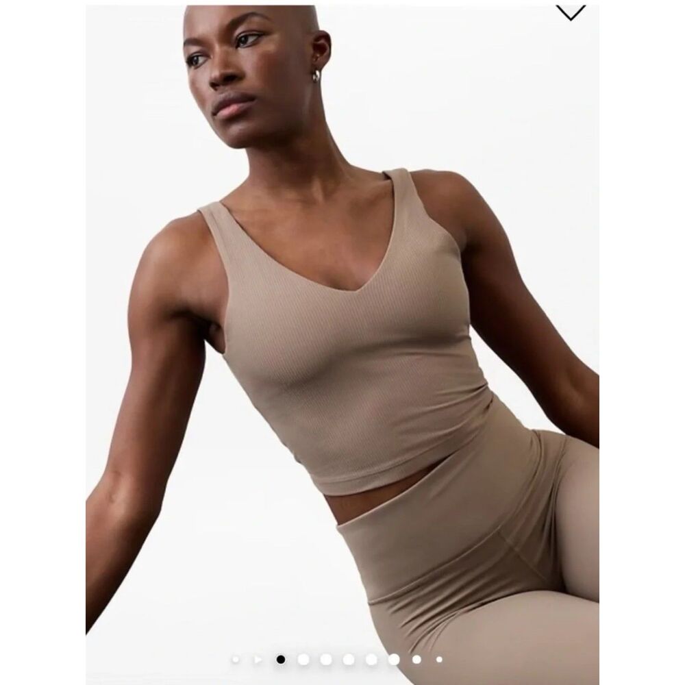 Athleta Transcend V Neck Rib Crop Tank Sports Bra in Beige, XS  (C5)